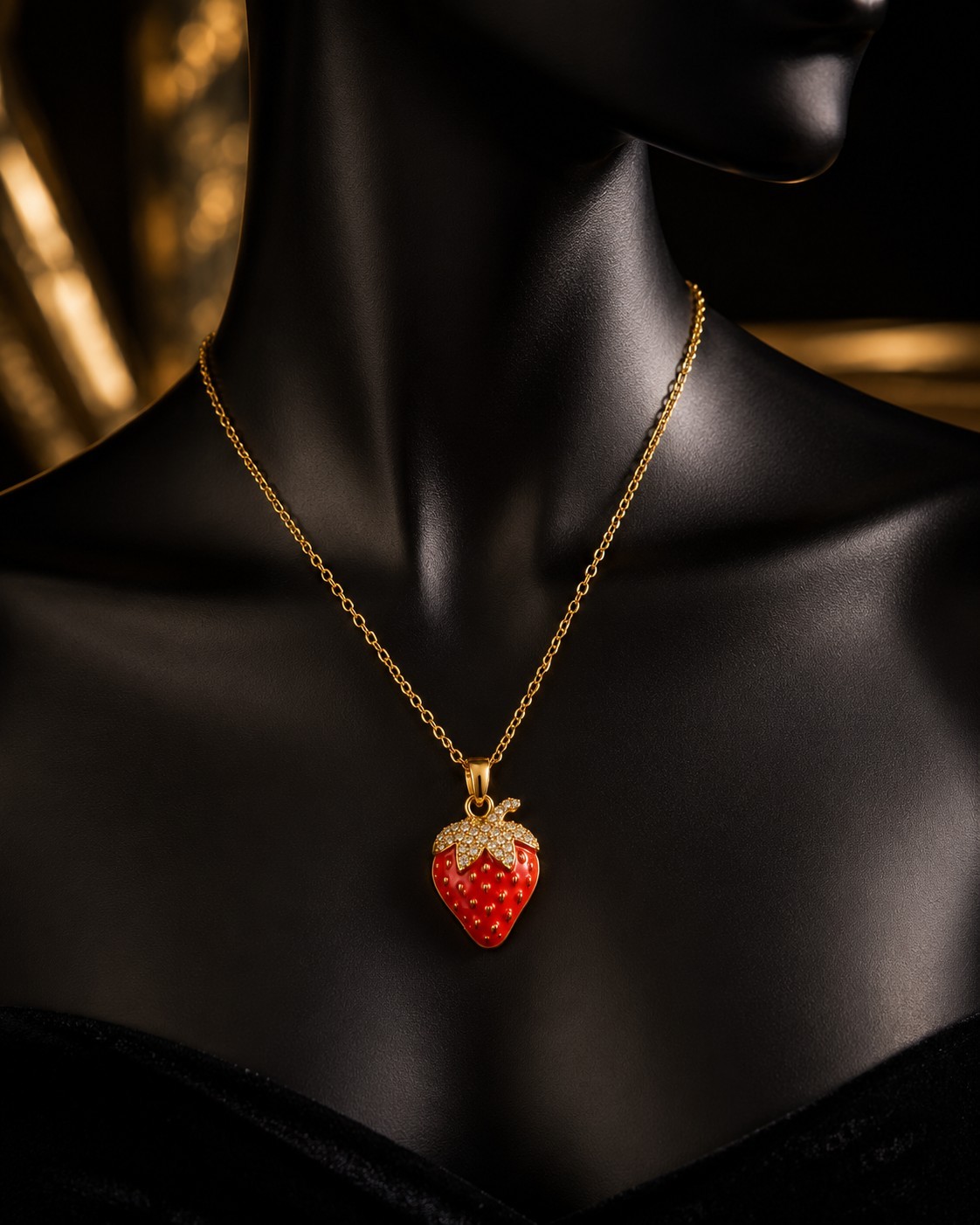 Gold Tone Strawberry Pendant Necklace Red Enamel Crystal Fruit Charm 18″