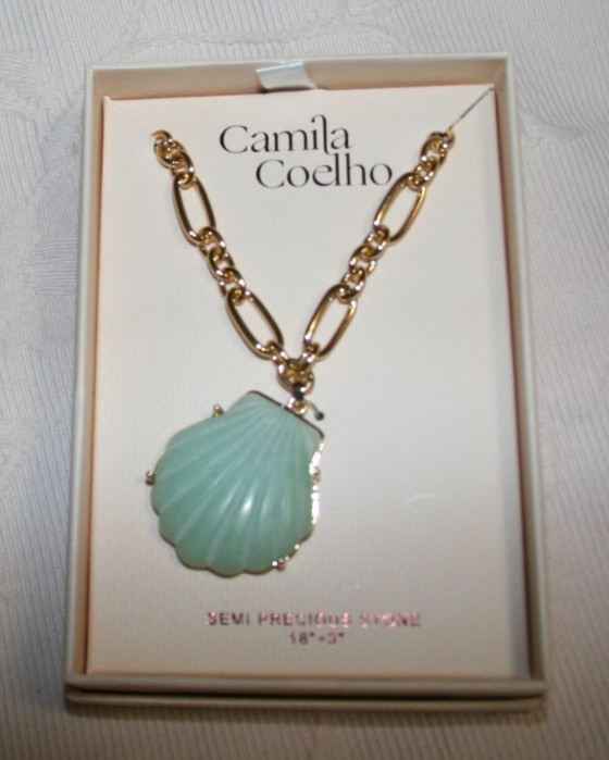 Gold tone metal necklace 18″ + 3″ Shell shaped pendant Semi Precious Green Stone