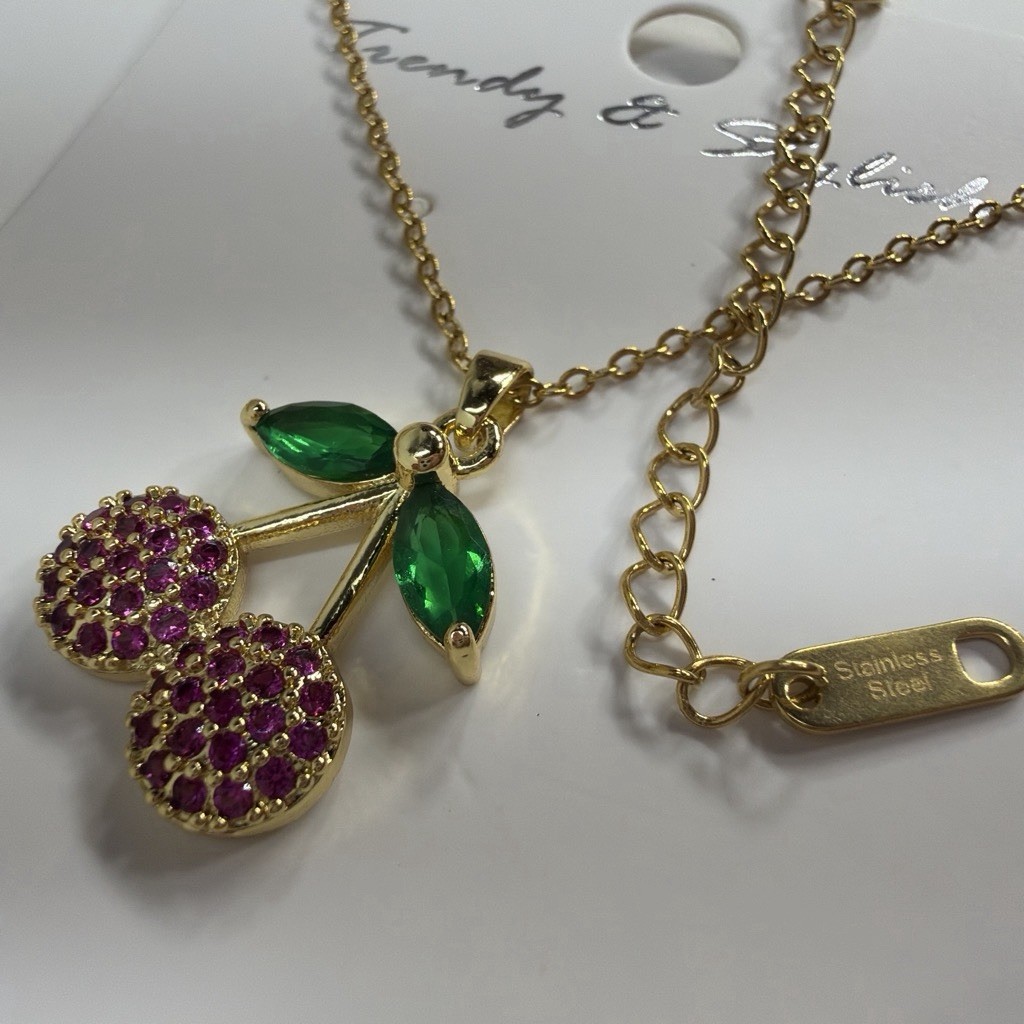 Gold Tone Stainless Steel Cable Necklace Cherry Charm Pendant Pink Crystals
