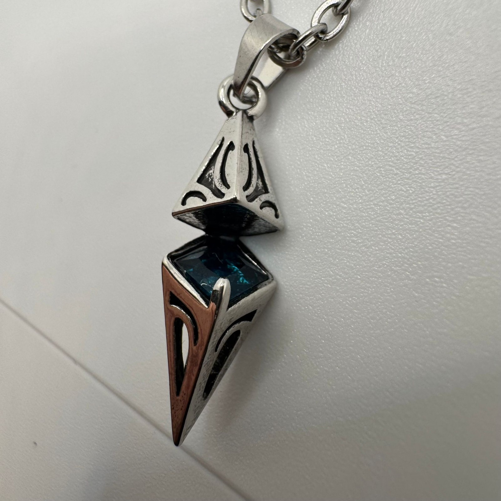 Blue Crystal Geometric Pendant Necklace Silver Tone Modern Fashion Jewelry Gift