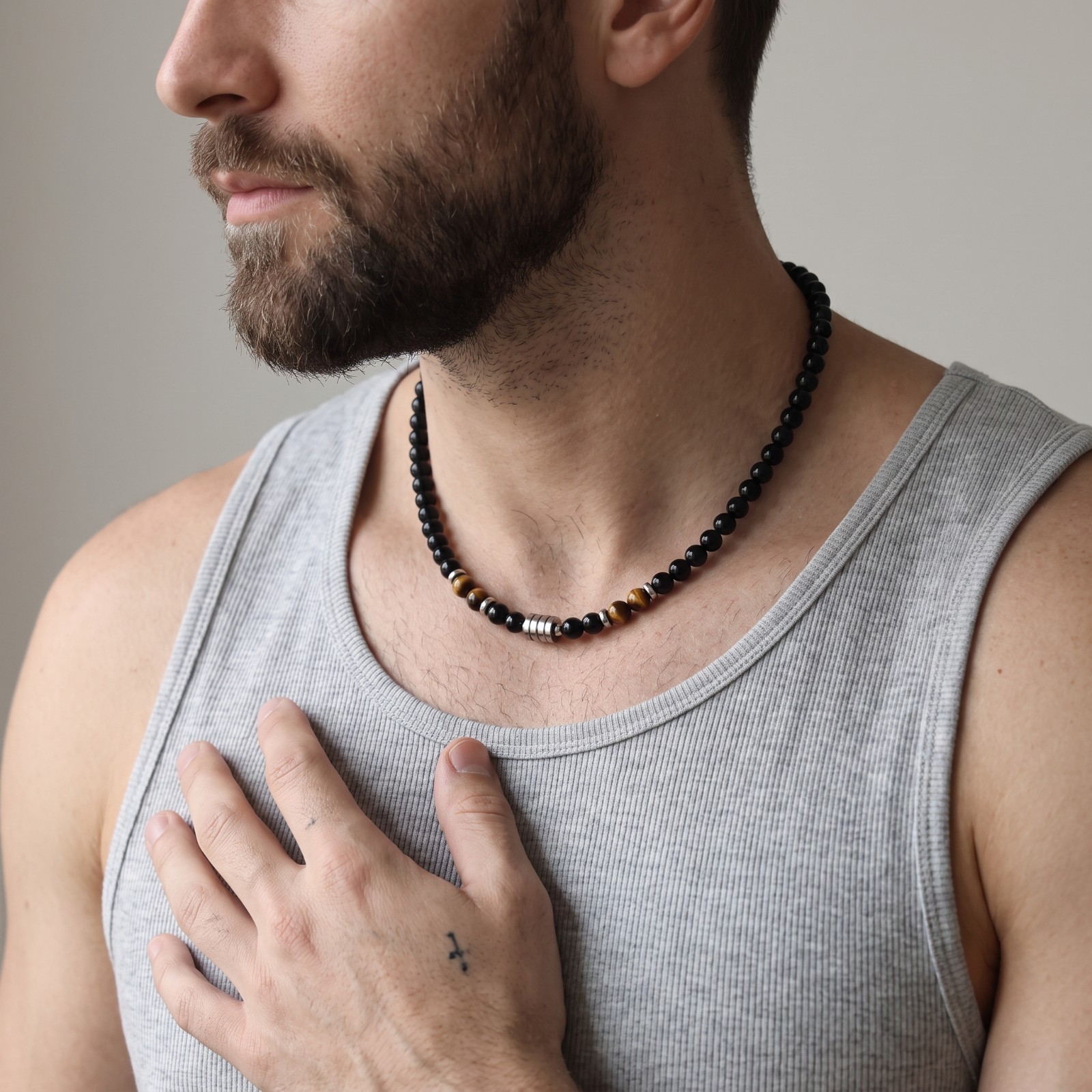Mens Tiger Eye Black Beaded Necklace Stainless Steel OT Clasp Boho Healing Gift