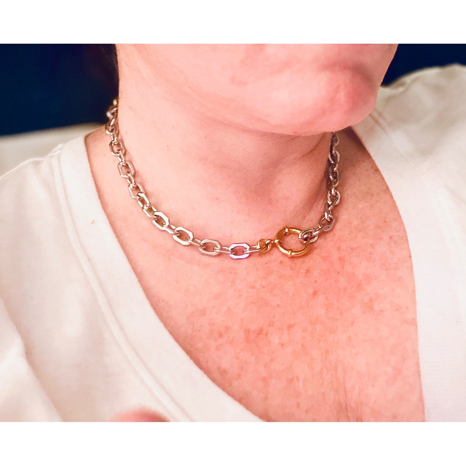 Two Tone Chunky Chain Link Necklace Gold Silver Mixed Metal Sailor Clasp Choker