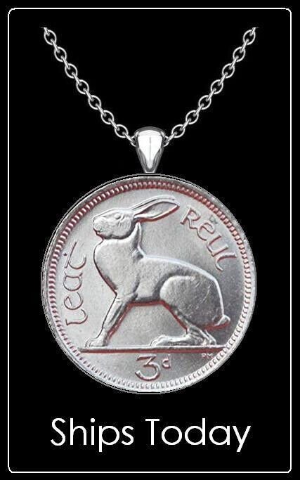 Ireland Irish 3 Pence Hare Coin Necklace- 1/2″ silver nickel pendant – pre-Euro