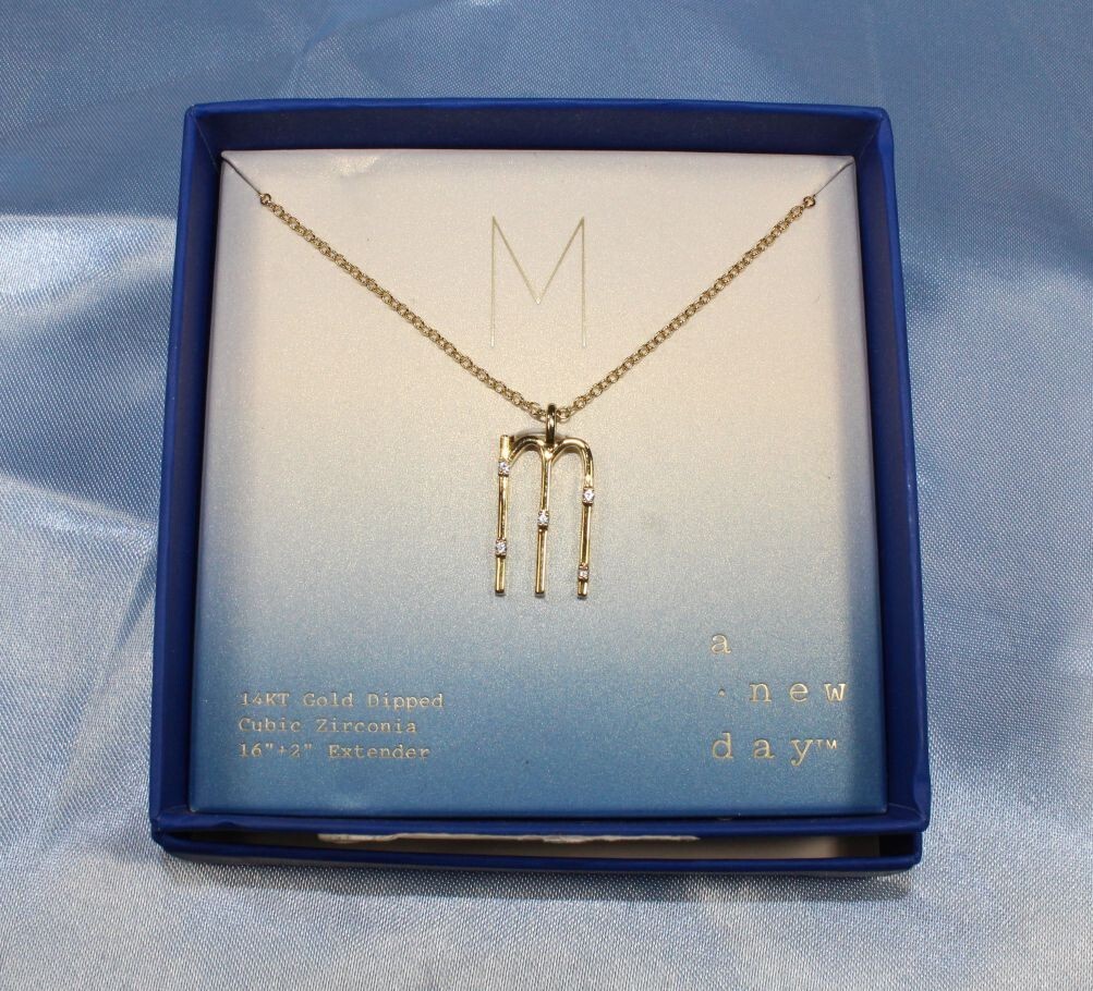 A New Day Initial “M” Necklace NIB 14 KT Gold Dipped Cubic Zirconia 16”+ 2″ ex