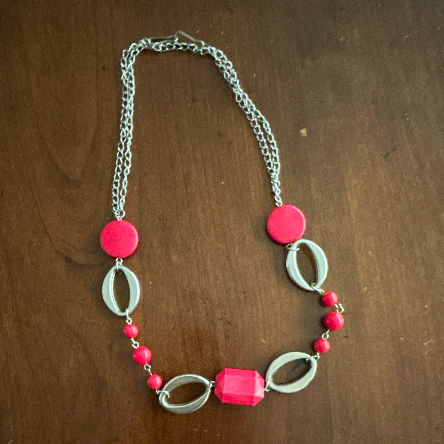Silver Tone Cable Chain Statement Necklace w/ Pink Plastic Beads, Geometric
