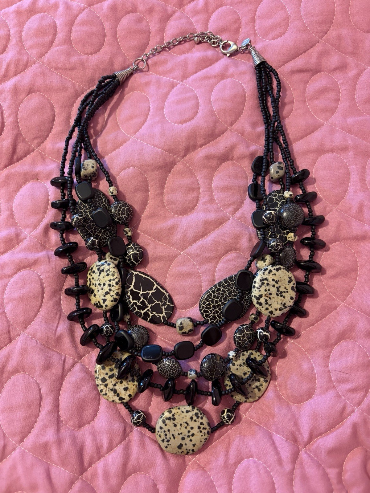 Chico’s Layered Statement Necklace Black Cream Speckled Beaded Boho