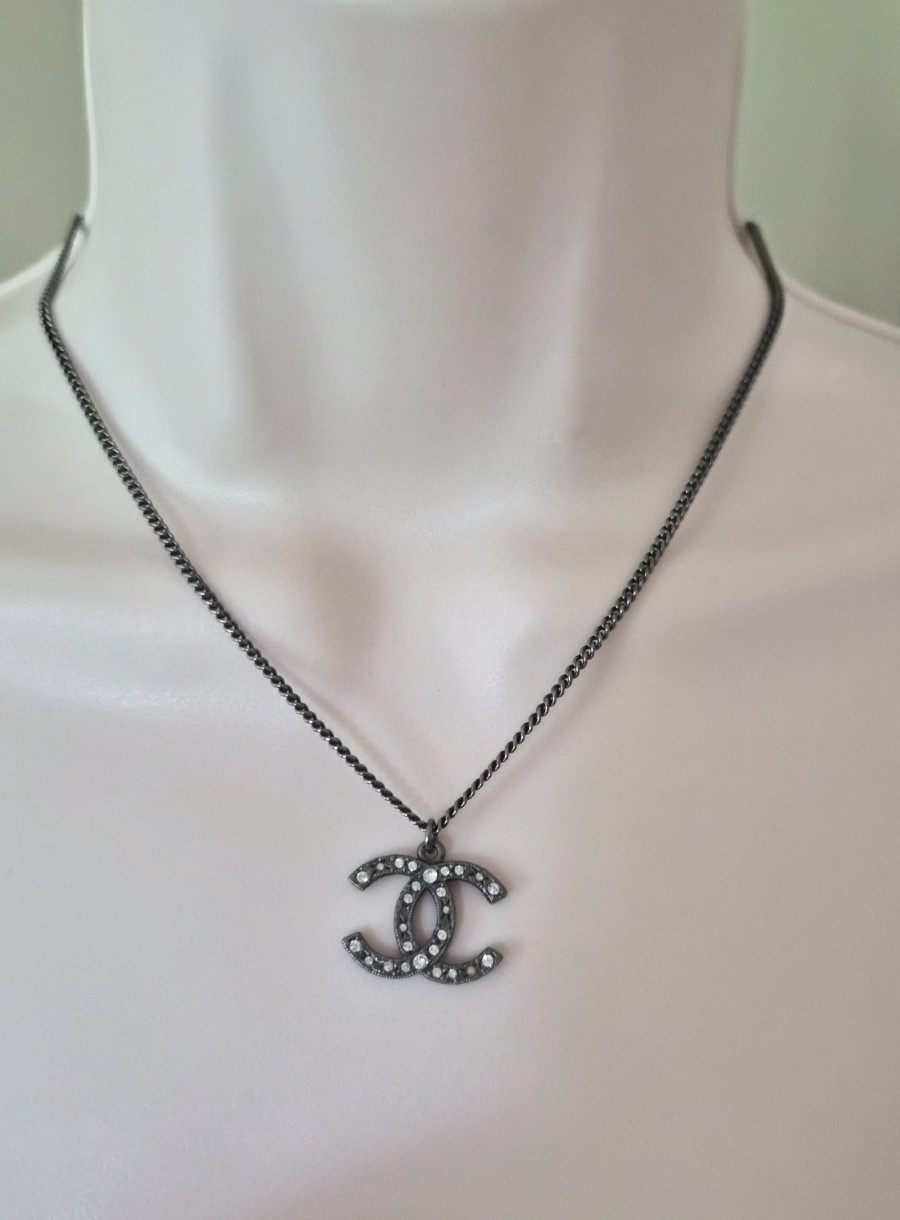 CHANEL CC Crystal Ruthenium Pendant Necklace A64711 Box Receipt Authentic