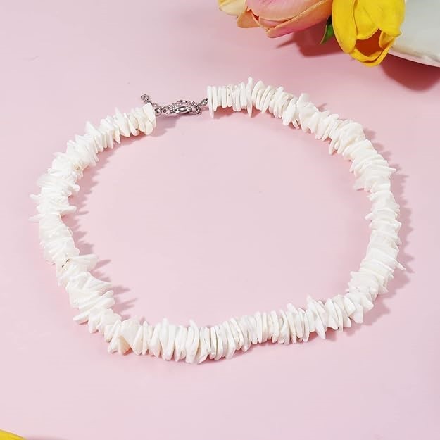 White Puka Shell Necklace – Hawaiian Style Clam Chip Surfer Necklace 16 in-19 In