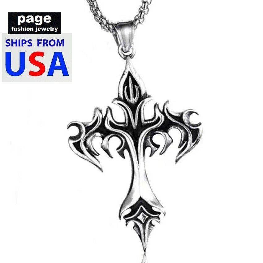 Gothic 2″ X 1.5″ Cross Pendant Male/Female Necklace Jewelry 2mm Rolo Box Chain