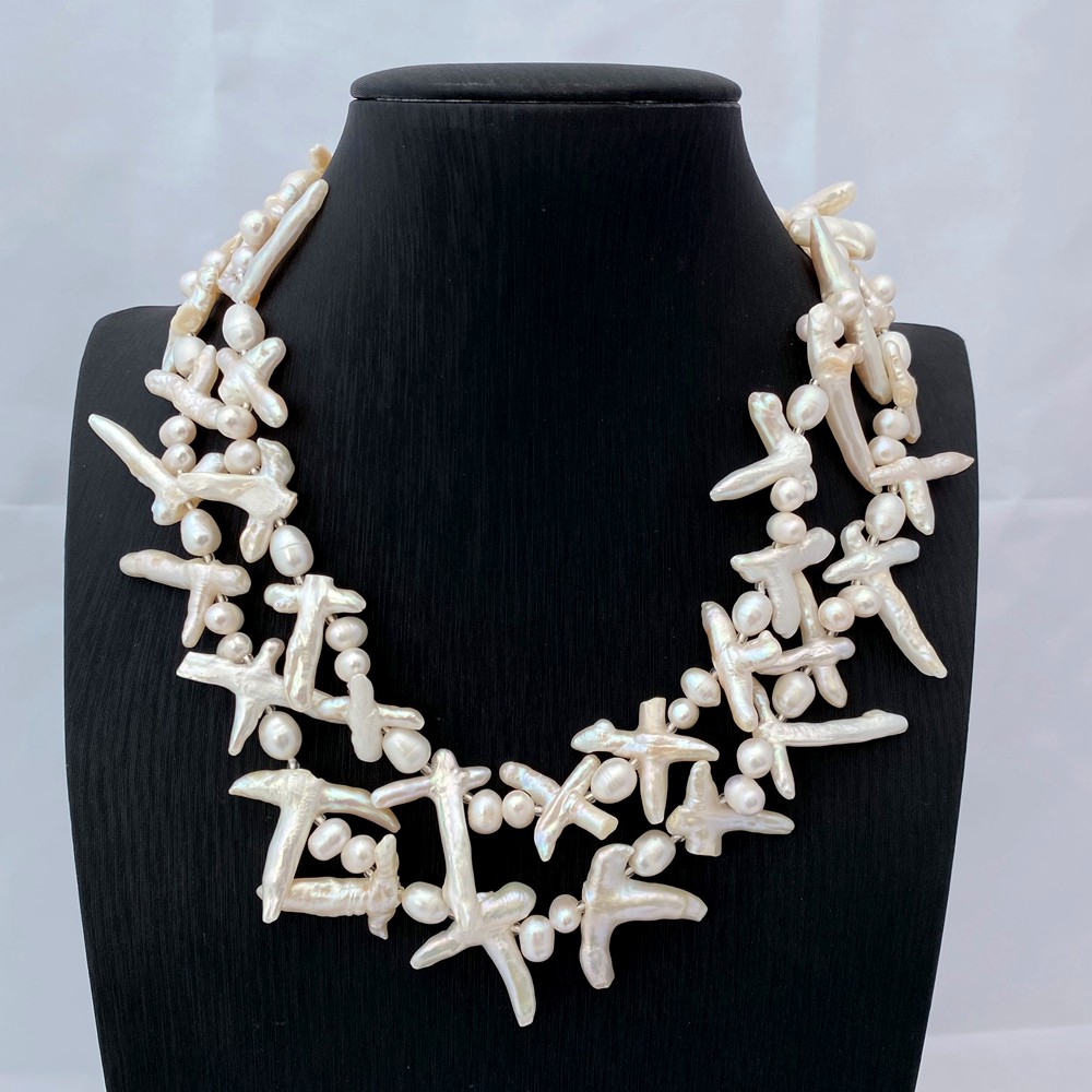 2 Rows White Cross Pearl Statement Necklace Designer Beads Jewelry Femme