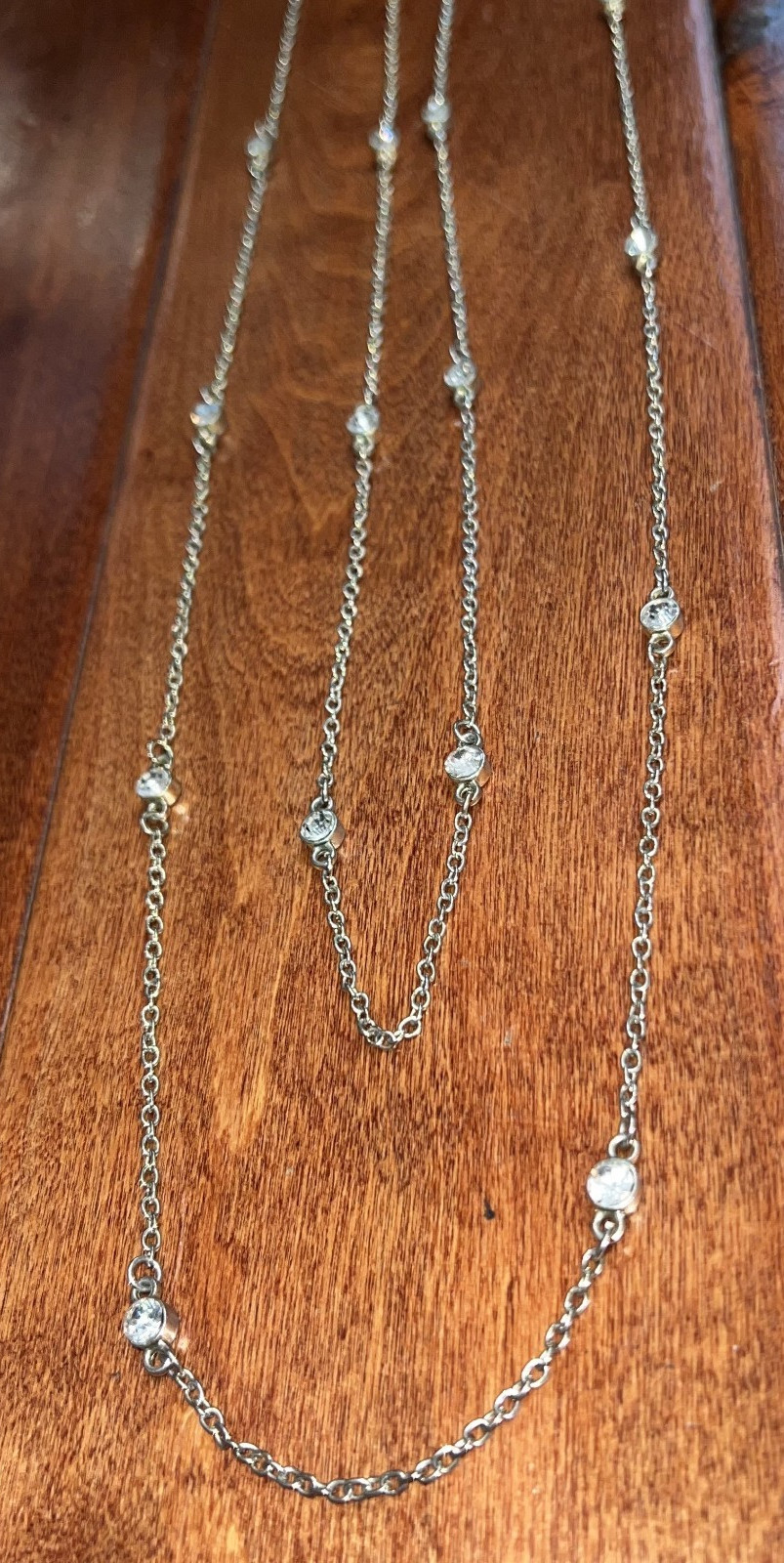 Double Strand Gold Tone Chain Necklace 26″ with Round Bezel-Set Clear Crystals