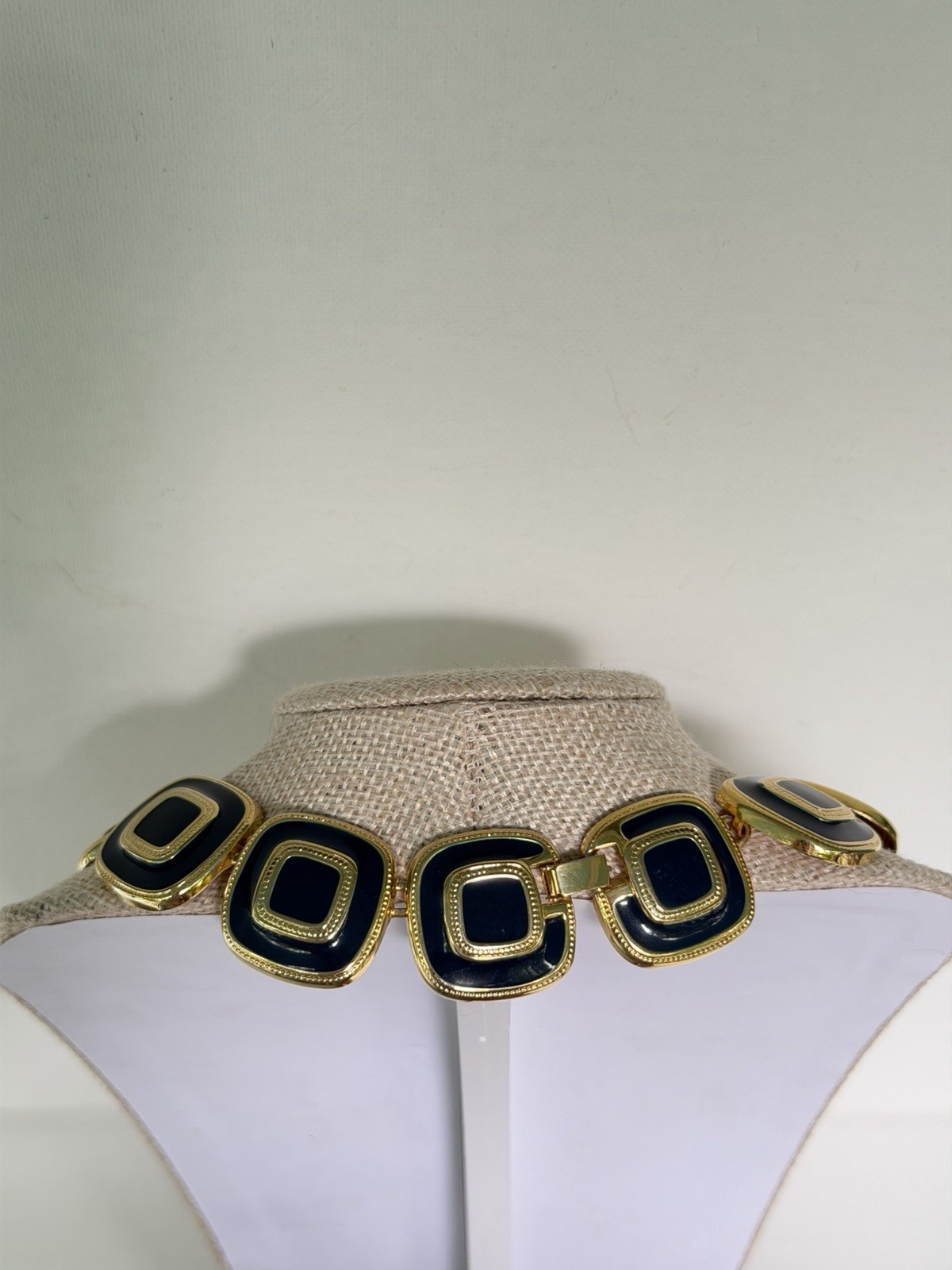 Vintage Gold Tone Navy Blue Enamel Geometric Statement Necklace Choker Collar