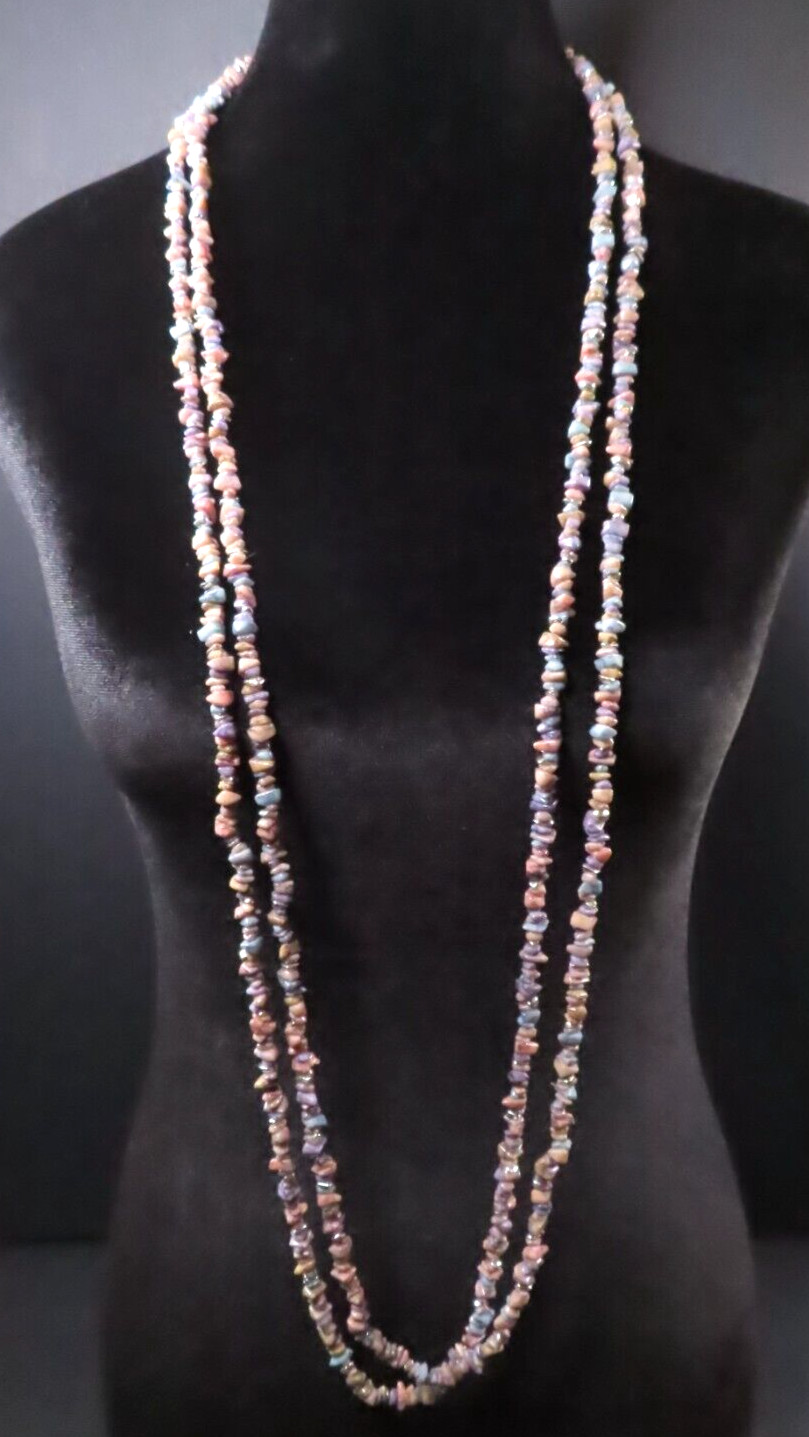 Set of (2) Semiprecious Stone Chip Multicolored Beaded 44″ Necklaces