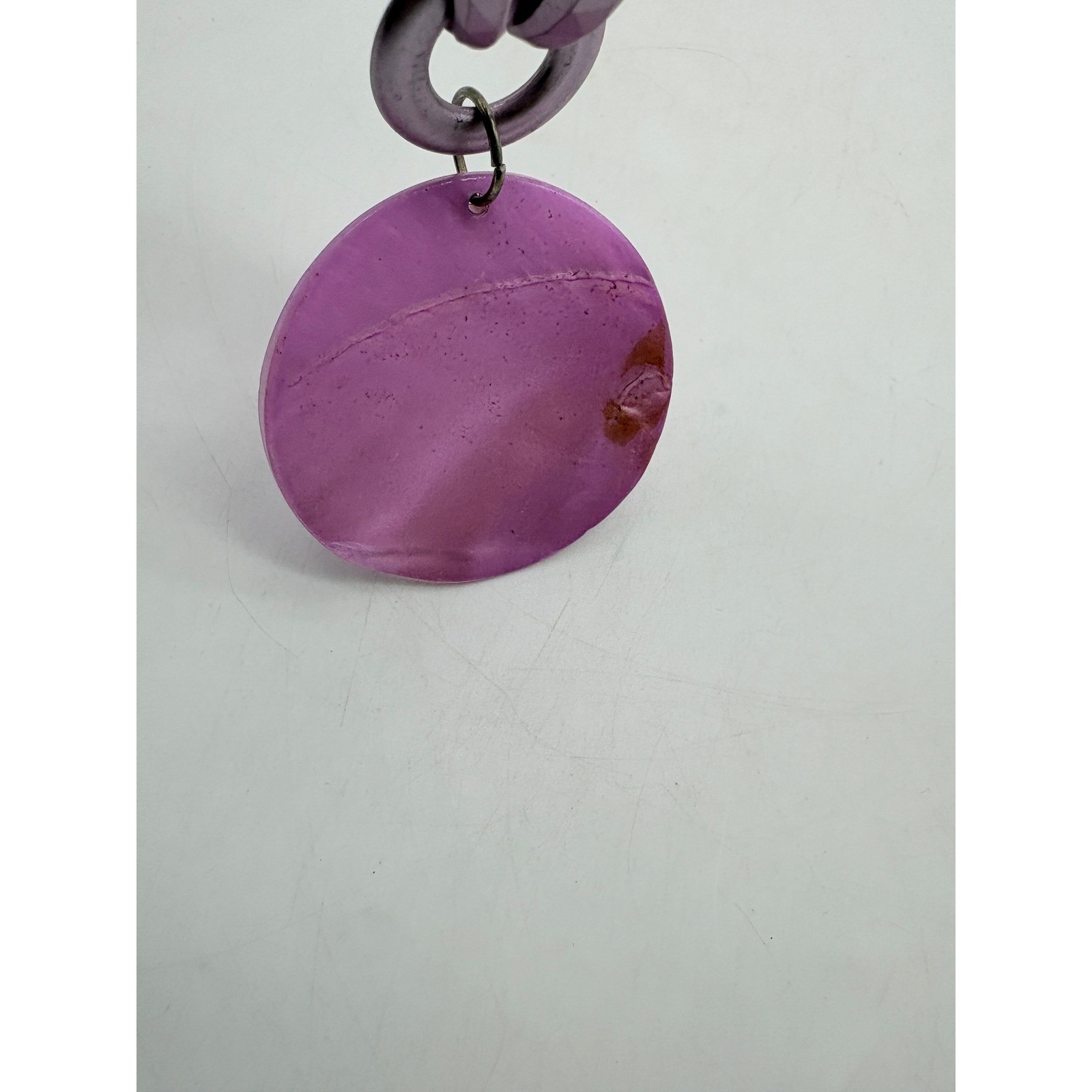 Purple Chunky Link Statement Necklace Iridescent Shell Pendant Silver Tone 17in