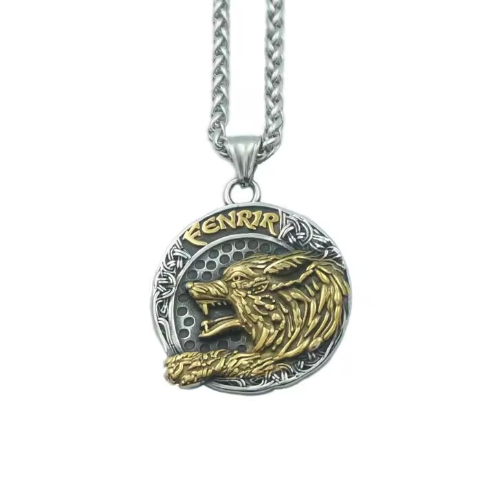 Viking Fenrir Wolf Rune Necklace Stainless Steel Gold Tone Norse Pendant