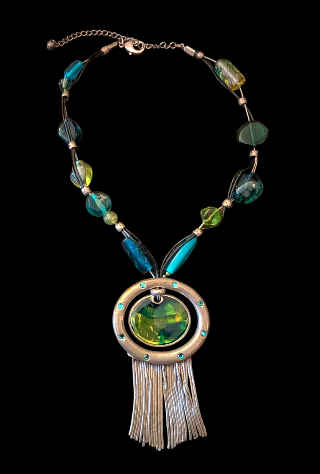 Chicos Antique Silver Tone Acrylic Bead Geometric Fringe 3.75″ Pendant 21″
