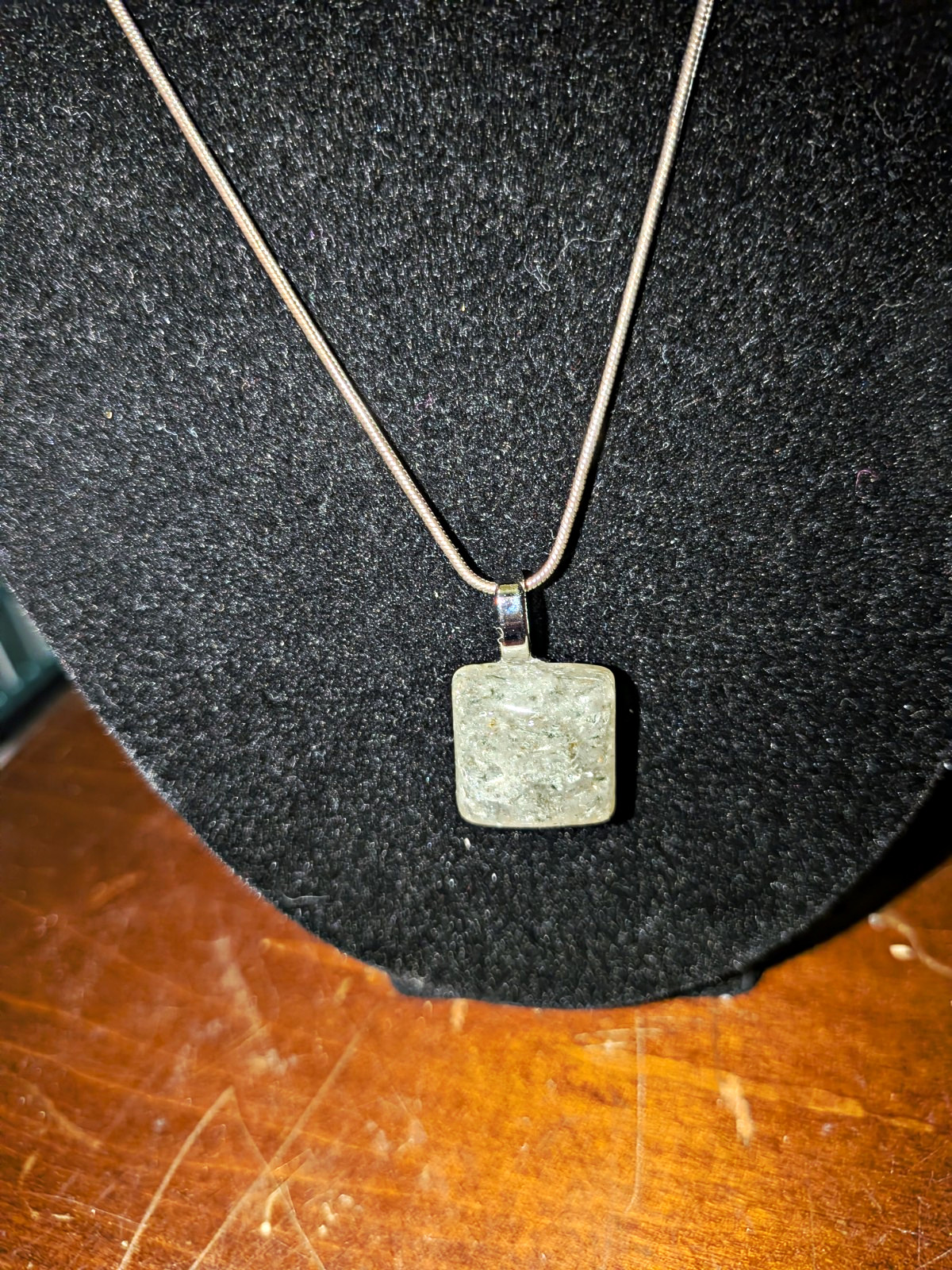 Silver Tone Snake Chain Necklace Square Charm Pendant Metal No Stone Undated