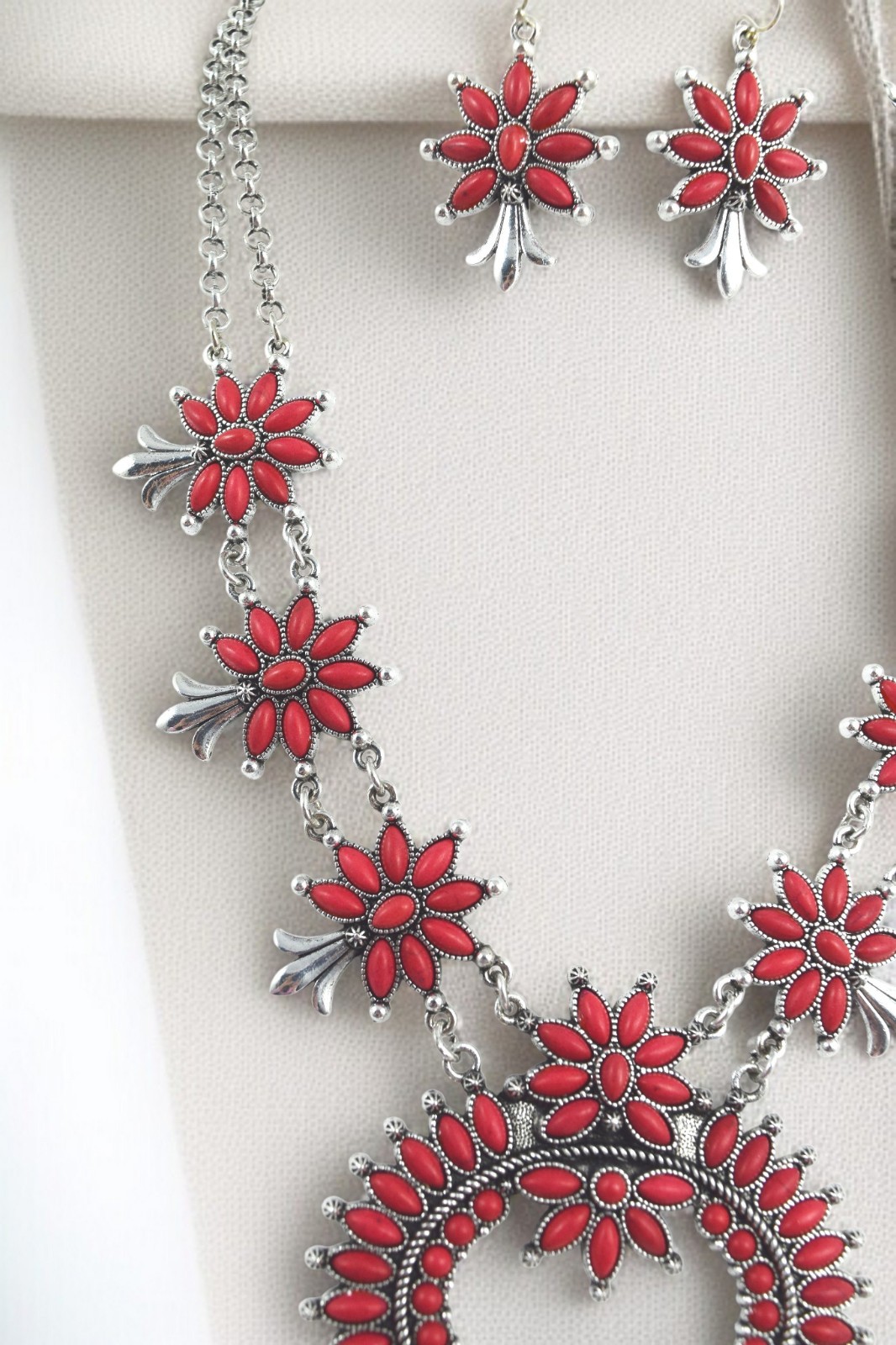 Bohemian Red Squash Blossom Statement Necklace and Earrings, Western Style