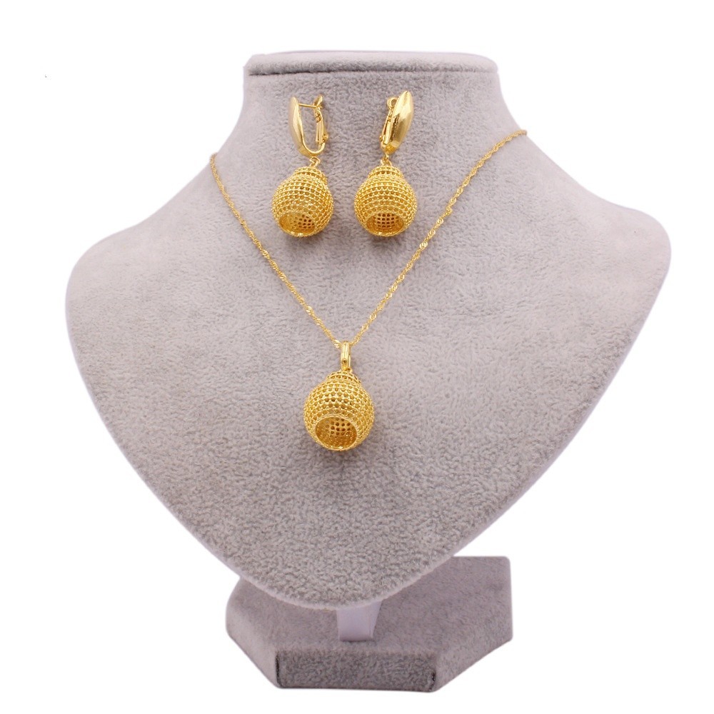 Gold Mesh Ball Pendant Necklace & Earrings Set – Filigree Hollow Sphere Jewelry