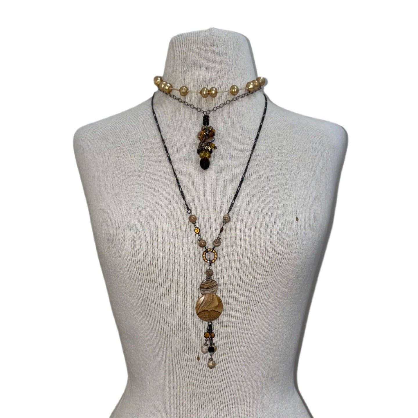 Set Of 3 Bohemian Western Gold/Brown Natural Stacked Necklaces