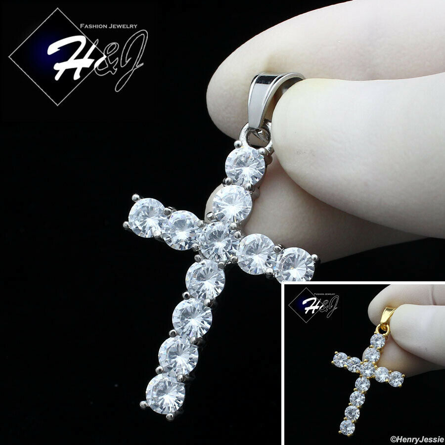 MEN’s Stainless Steel ICY One Row Tennis CZ Silver/Gold Plated Cross Pendant*127