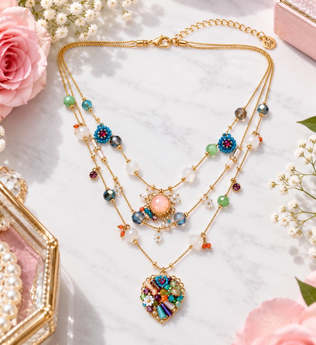 Women’s Gold Tone Layered Necklace Butterfly Heart Pendant Adjustable Jewelry