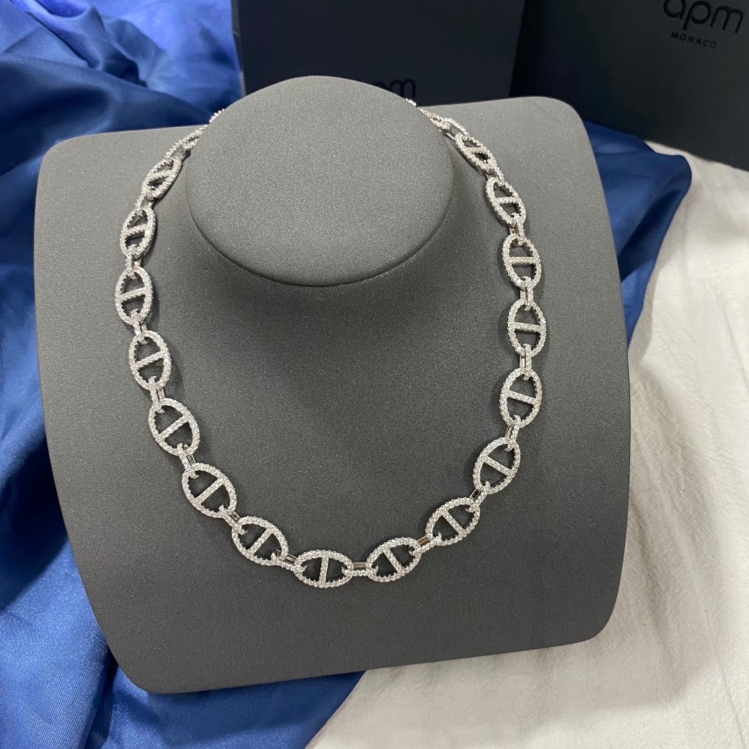 APM Monaco Sterling Silver Pave Crystal Link Chain Necklace Luxury Statement