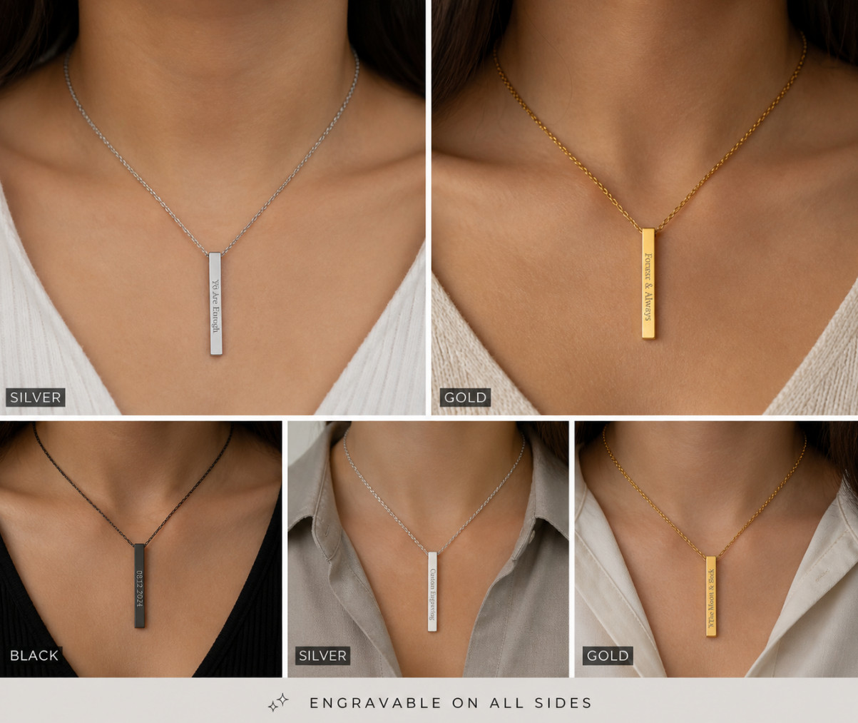 Personalized 3D Vertical Bar Necklace • Custom Engraved 4 Sided Pendant