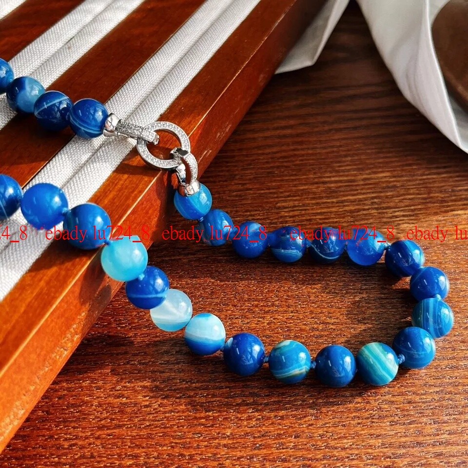 Exquisite Blue Strip Agate 6/8/10/12mm Round Gemstone Necklace Silver Clasp 18″