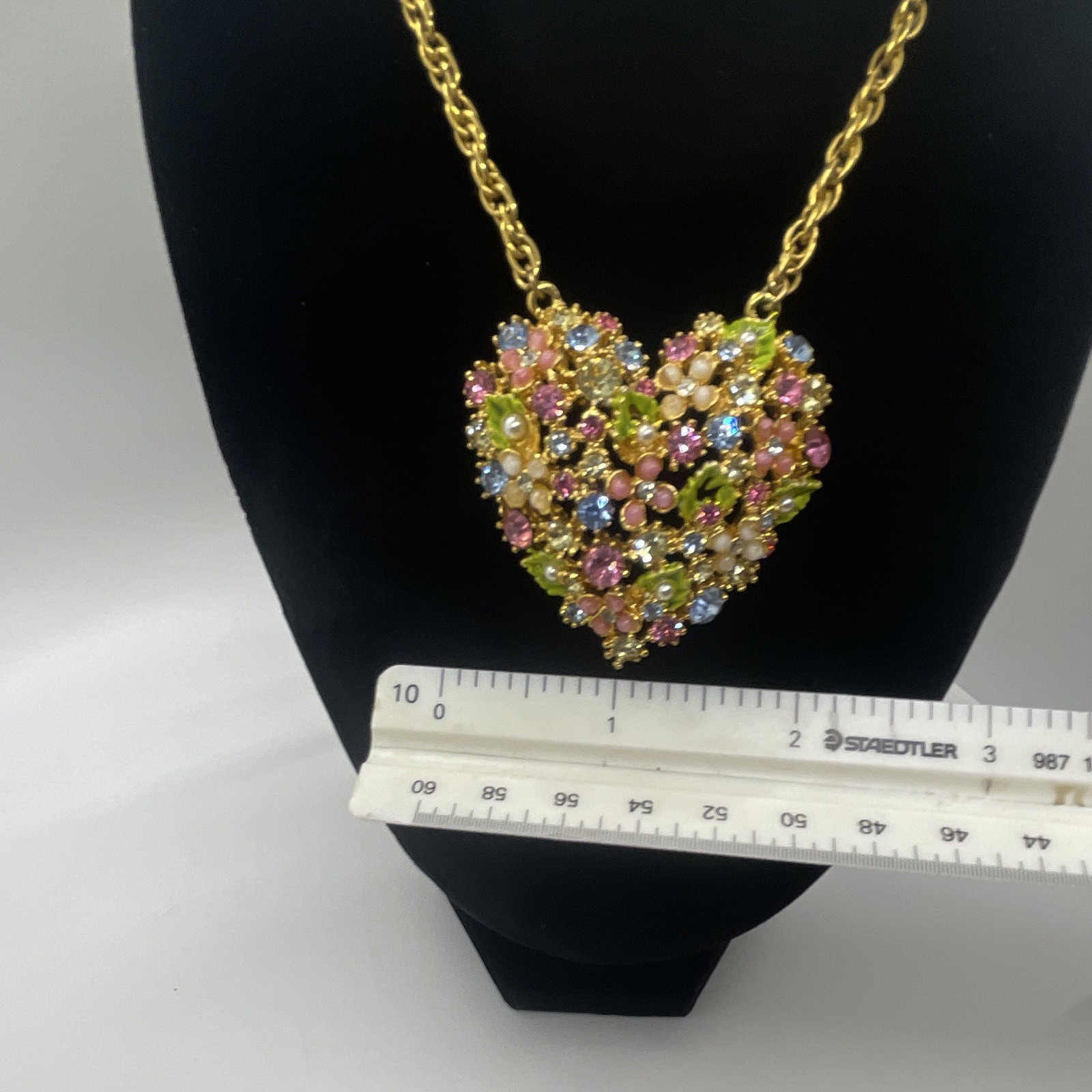Vintage Arthur Pepper ART Floral Heart Rhinestone Necklace Signed Gold Tone