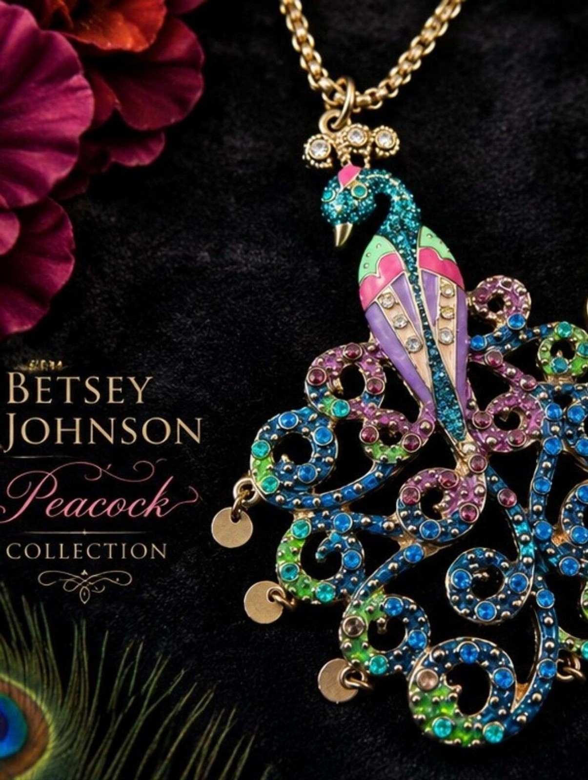 Betsey Johnson Peacock Statement Necklace Crystal Enamel Y2K 16″ ,+ 3″ Extender