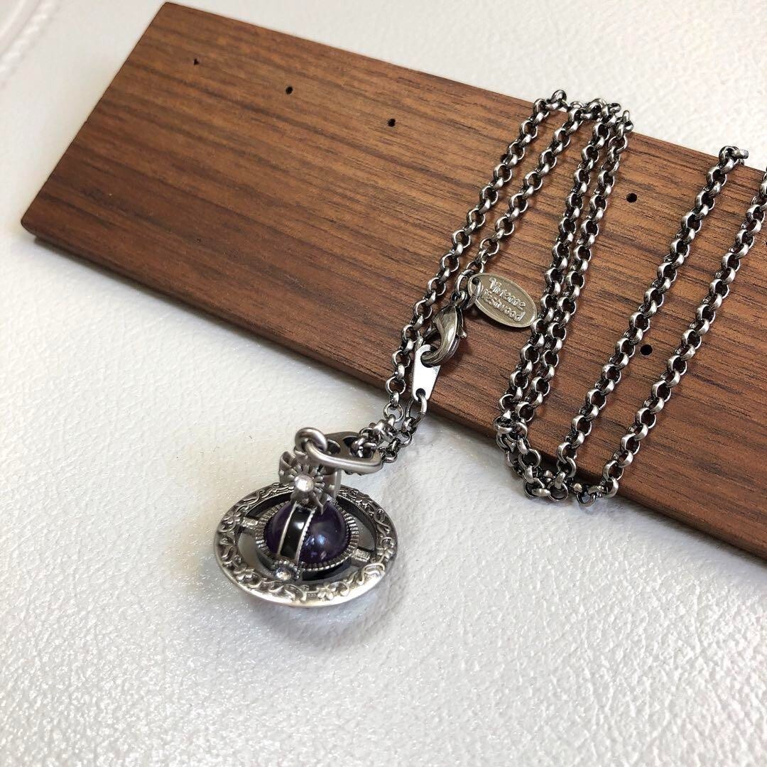 Vivienne Westwood Tiny Orb Necklace Flower Purple Gunmetal 2.5cm with drawstring
