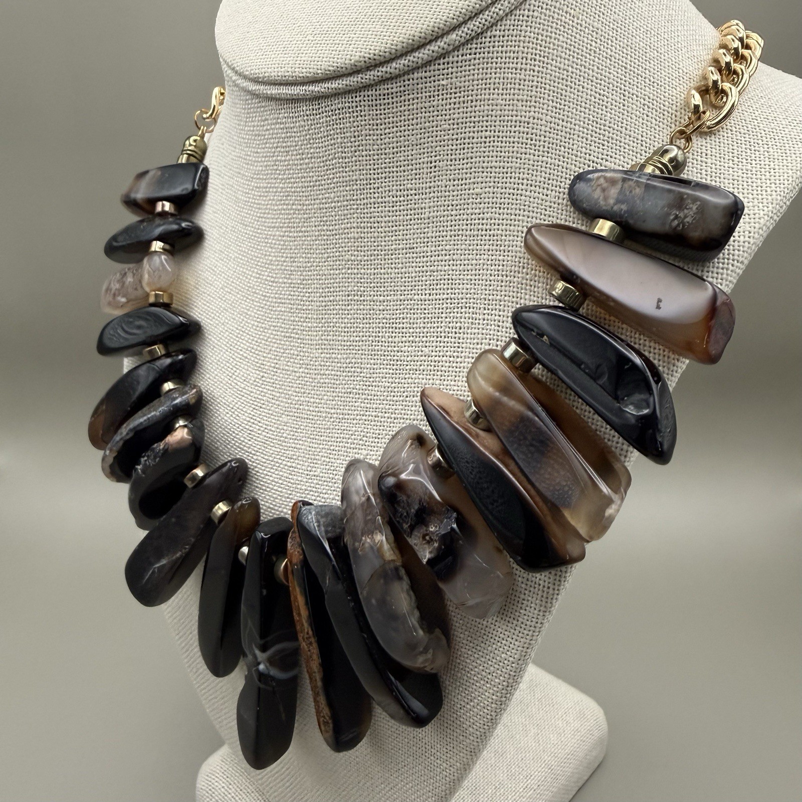 Stone Slice Collar Statement Bib Necklace Brown Black Grey 22″ Artisanal Earthy