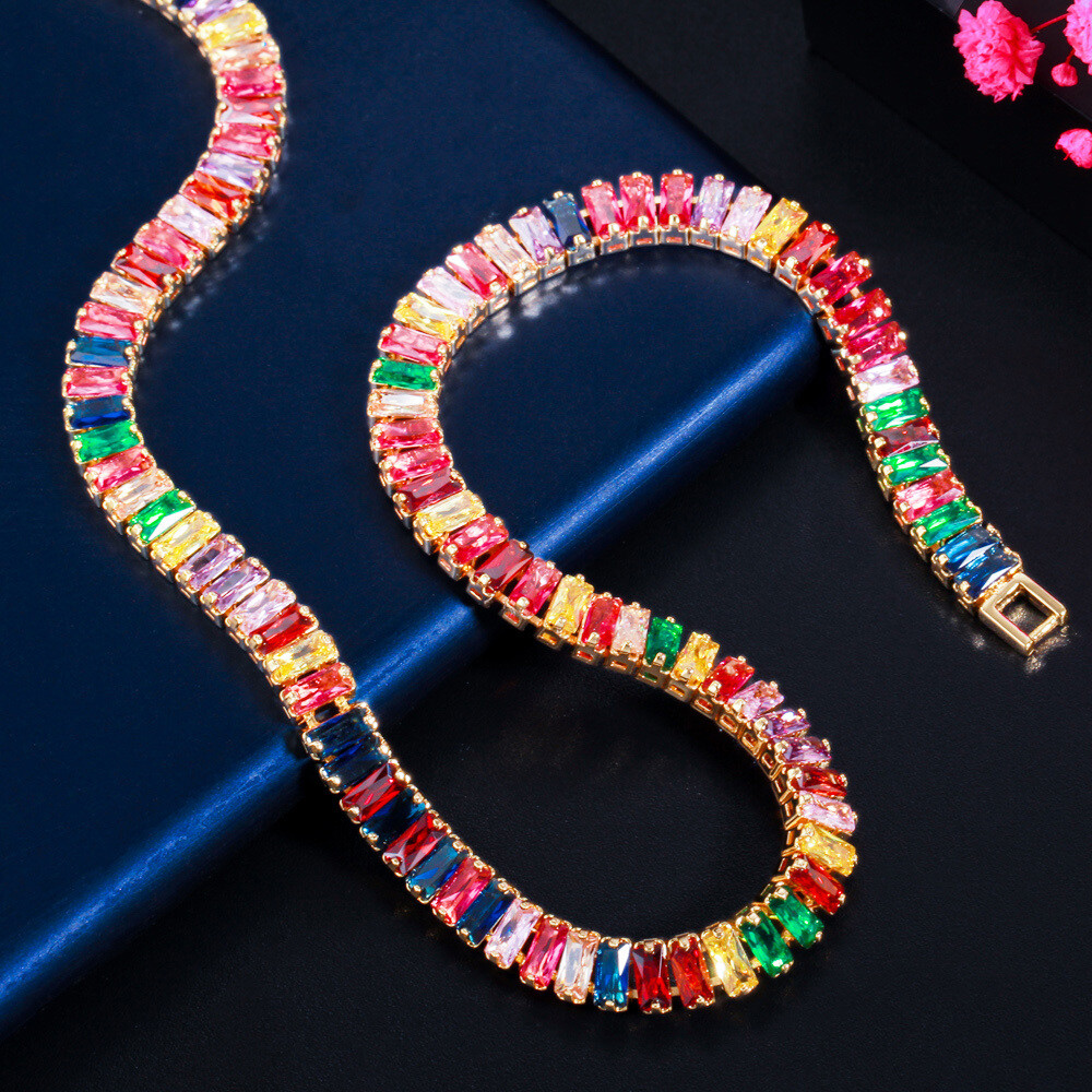 Colorful Rainbow Cubic Zirconia Tennis Necklace Gold Plated Women Bridal Jewelry