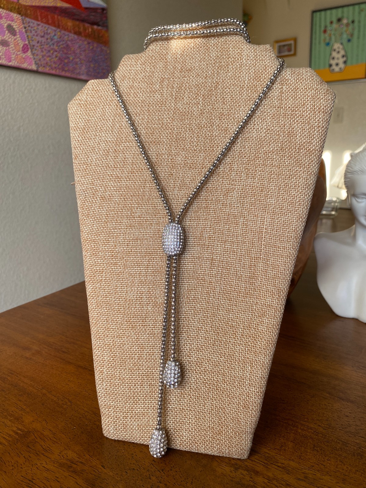 Chico’s Faux Bolo Necklace Pavè Rhinestone Slide & Popcorn Chain Silver Tone