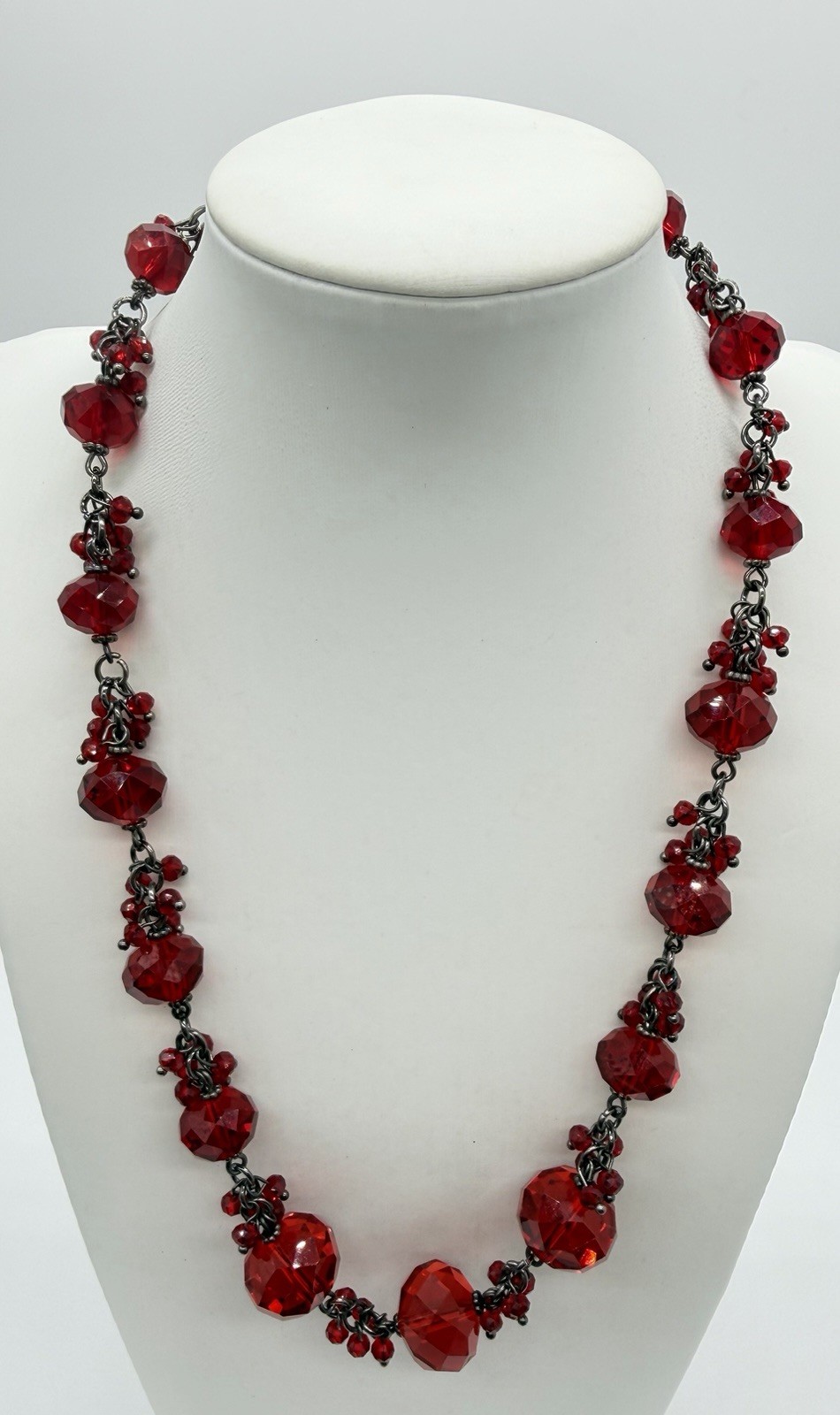 Ruby Red Faceted Glass Bead Statement Necklace Gunmetal Tone Adjustable Bib