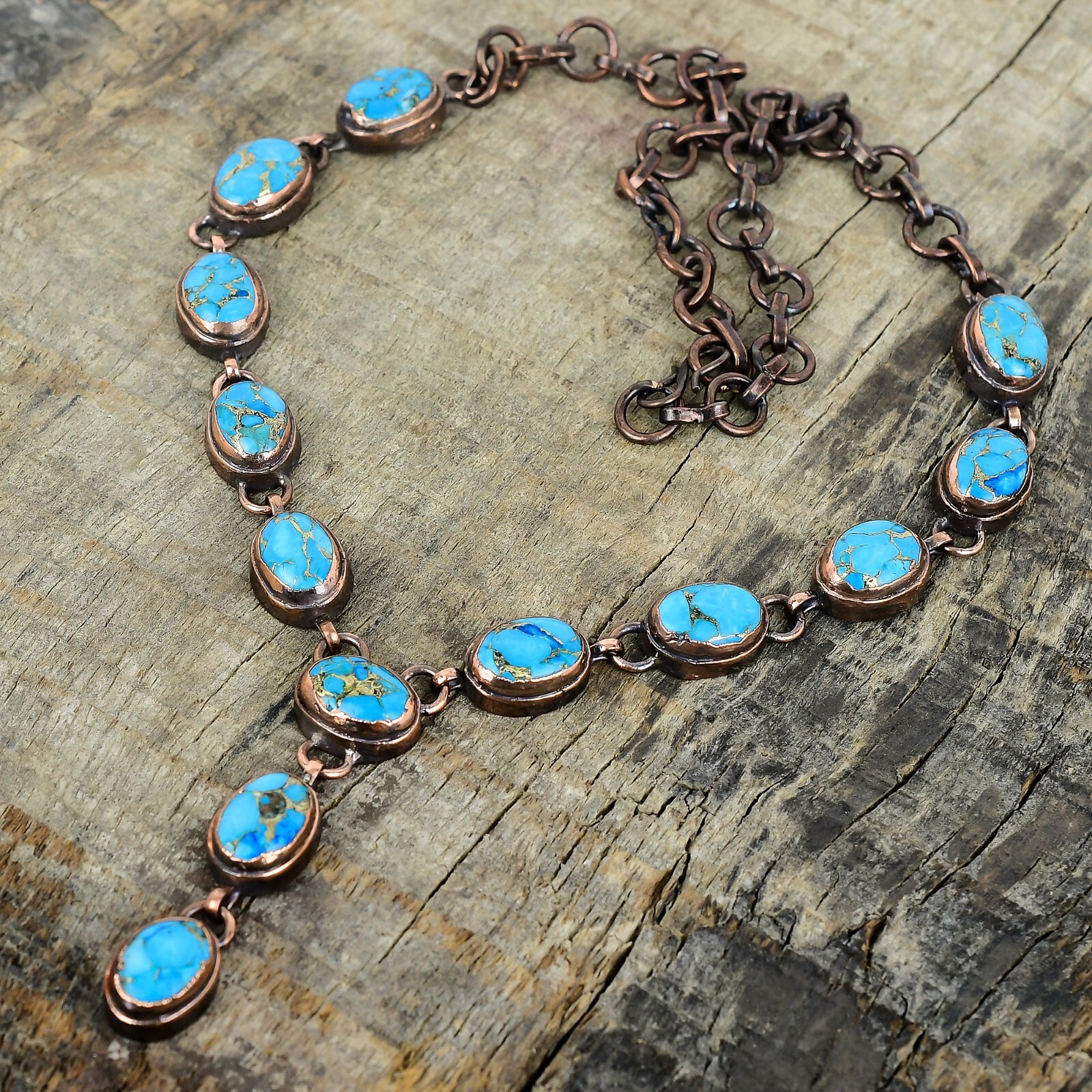 Copper Blue Turquoise Gemstone Electroformed Anniversary Chain Necklace Copper