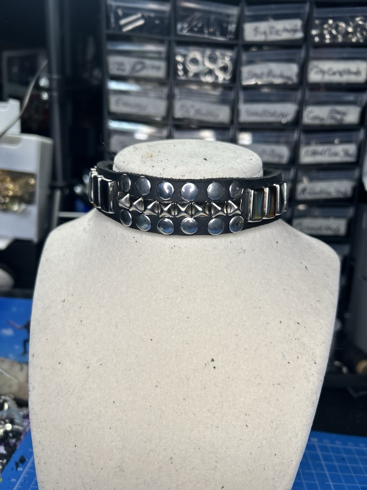 Genuine Leather Hand Made Choker Necklace Studs And Chain With Clasp Adjustable