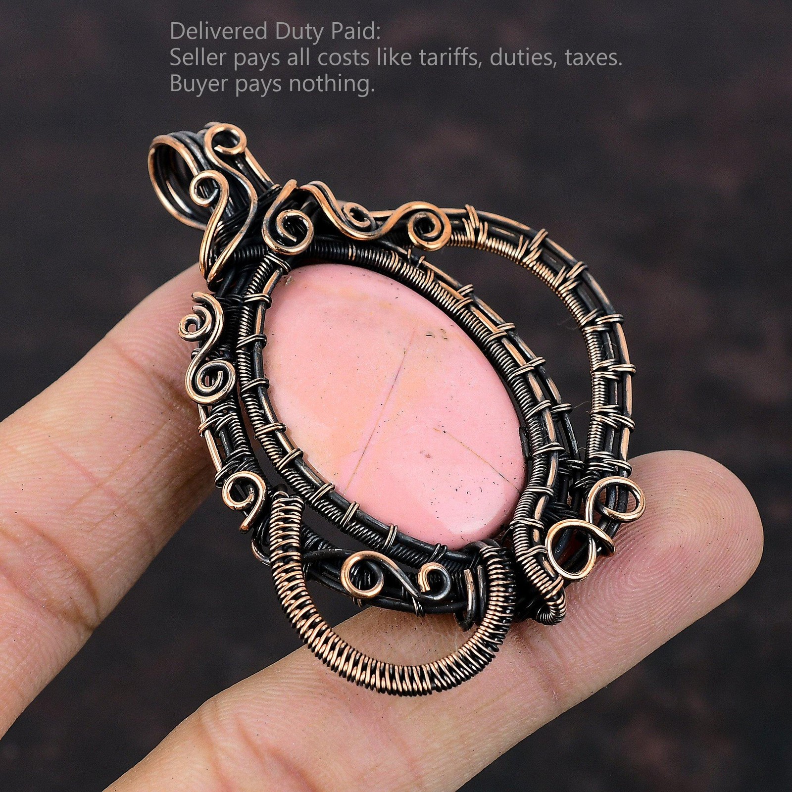 Copper pink Opal Stone Ethnic Engagement Wire Wrapped Trendy Anniversary Pendant
