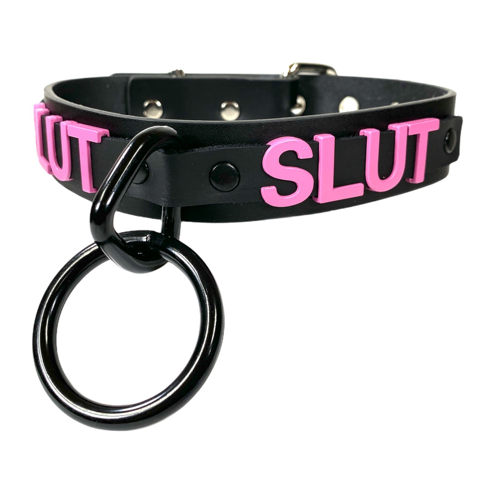 Name Bondage Collar Black O Ring Pink Letter Slave Leather BDSM Slut Choker