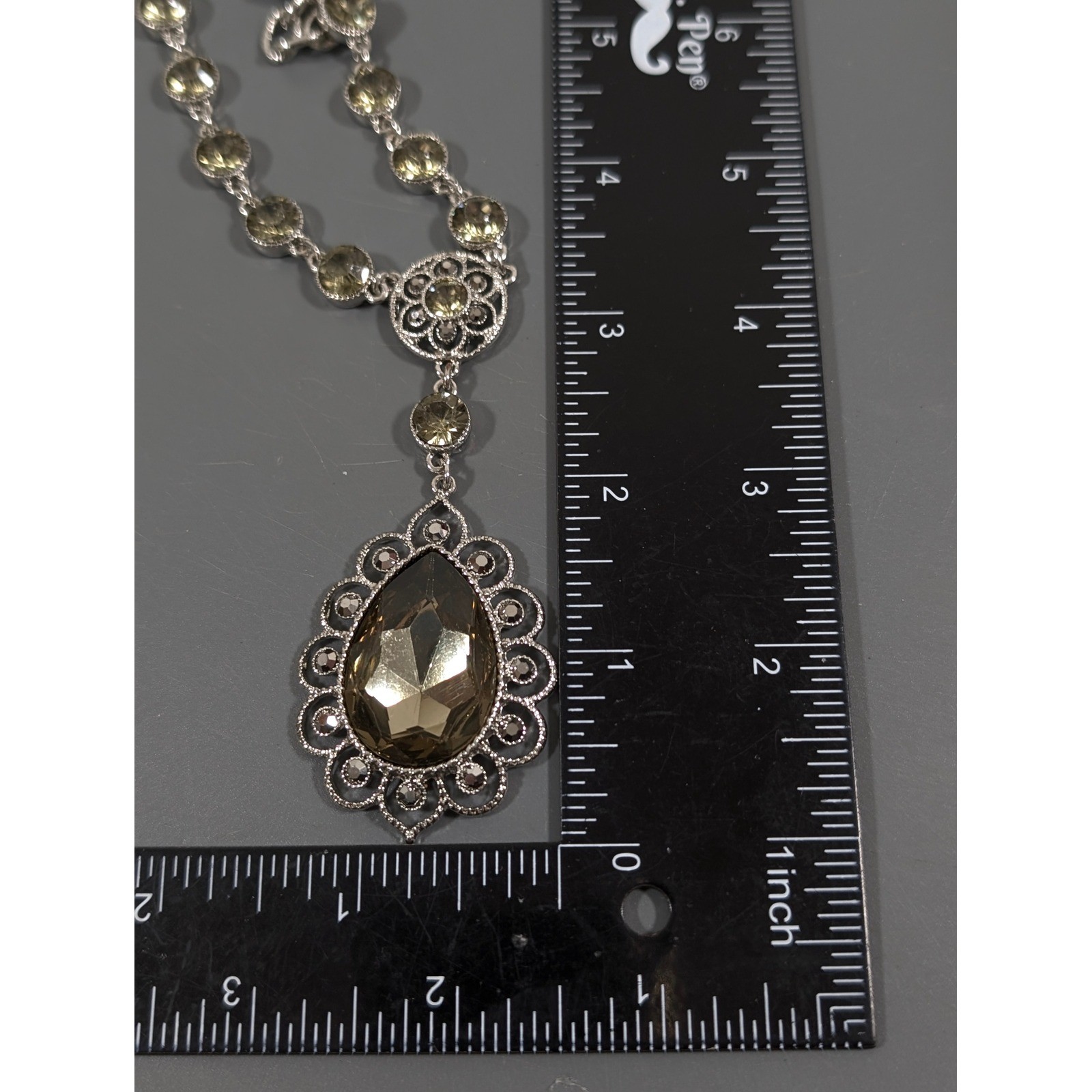 Roman Smokey Gray Pendant Necklace Silver Tone Long Rhinestone Boho 32 in