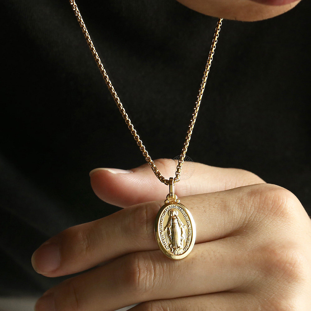16″-24″ Gold Plated Oval Virgin Mary Charm Pendant Necklace Multi Chain Unisex