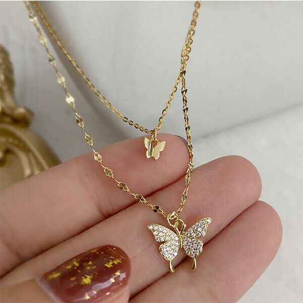 925 Silver Double Layer Butterfly Pendant Clavicle Chain Necklace Womens Jewelry