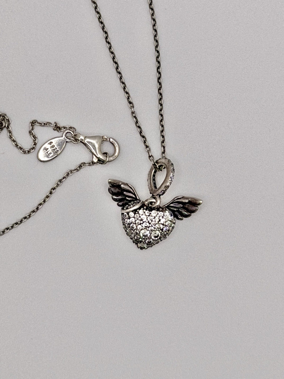 Authentic PANDORA Clear CZ Pave Heart Angel Wings 17.7″ Necklace w/Box!!