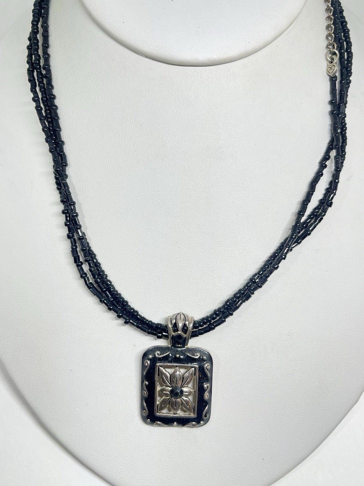 Lady Remington Black Enamel Flower Pendant Gold Wash Tone Black Bead Necklace