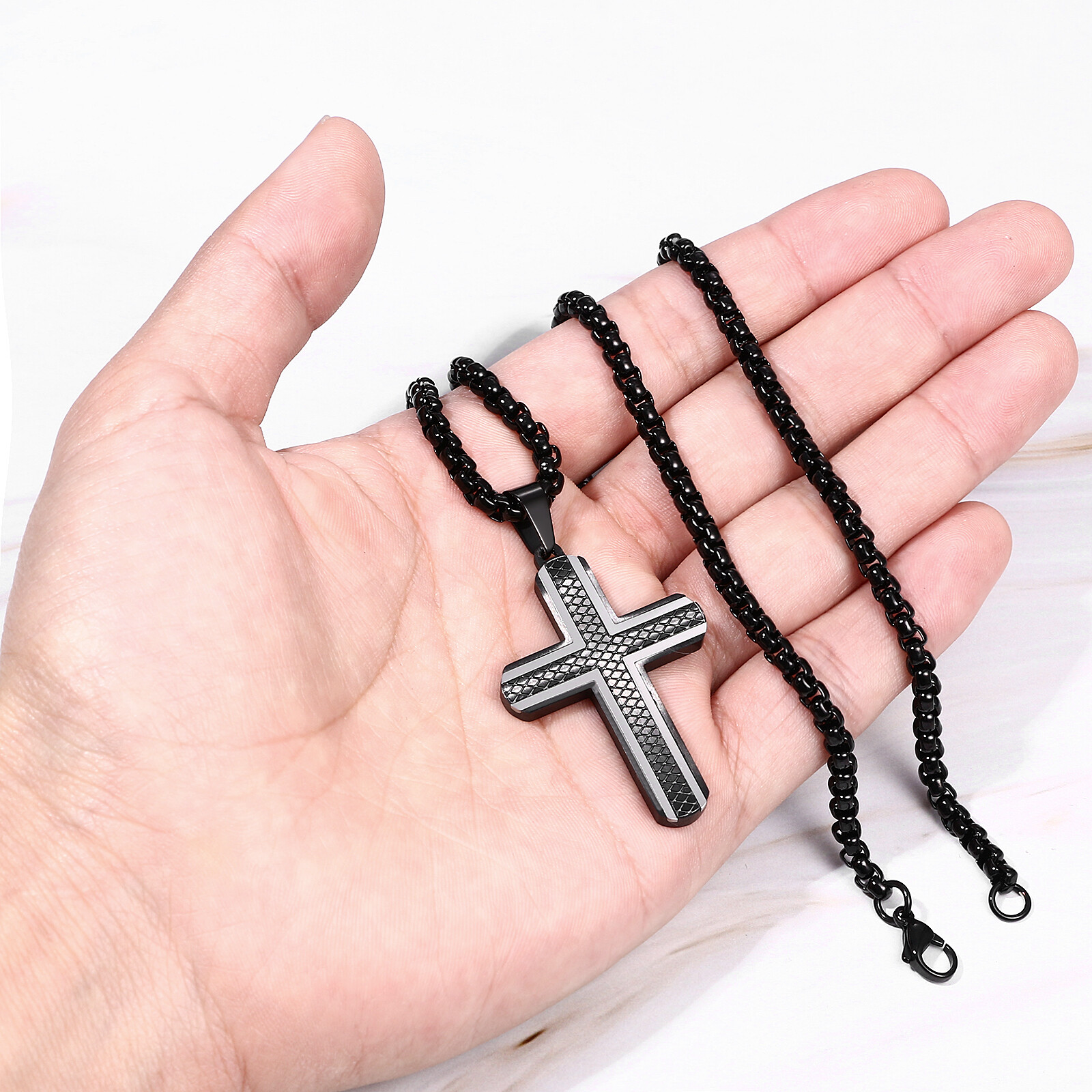 Mens Boys Cool Black Striped Cross Stainless Steel Pendant Necklace Chain 22in