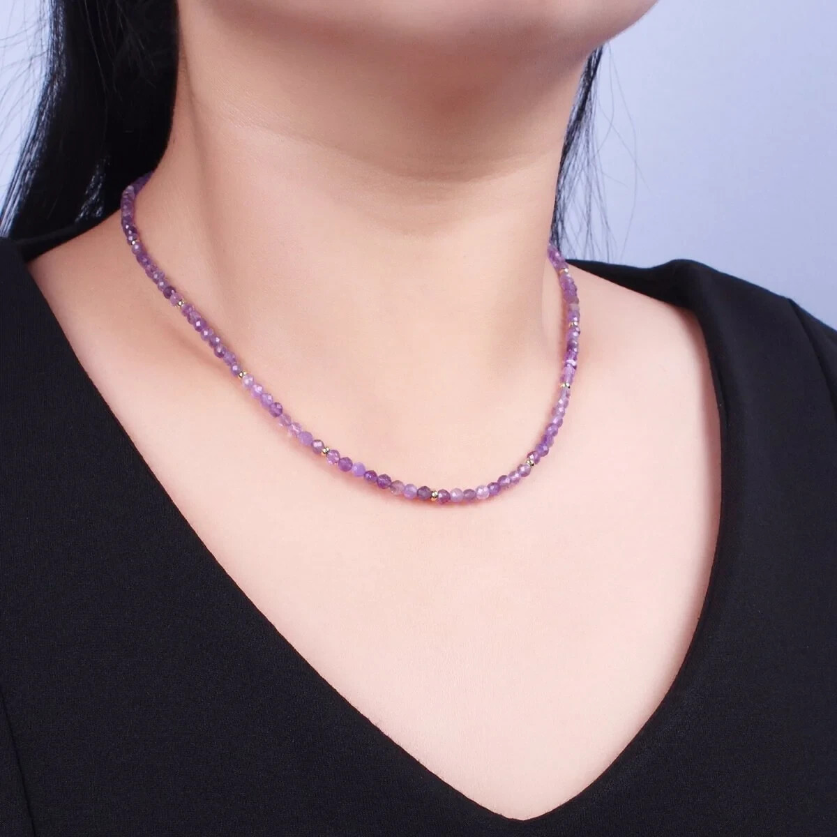 Natural Delicate Amethyst Choker Round 3mm Purple Beads Healing Energy Necklace