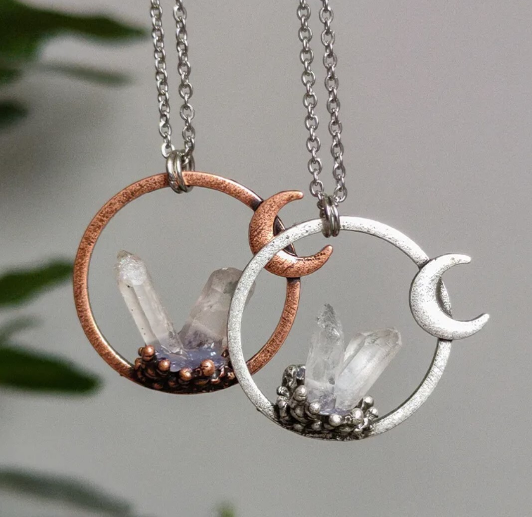 Alloy crescent moon necklace with genuine quartz crystals