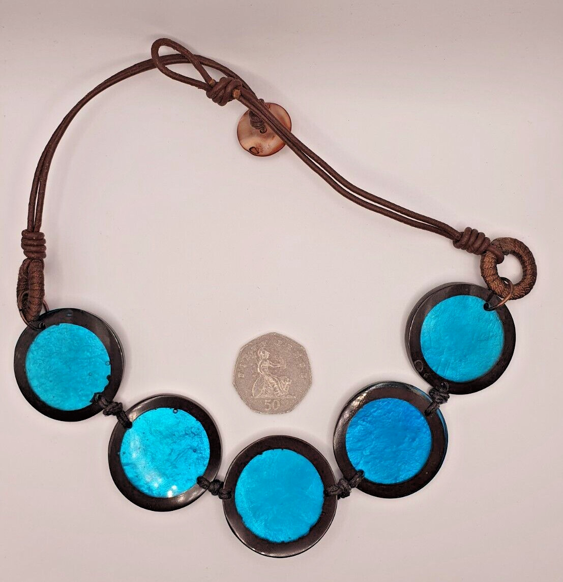 Artisan Studio Blue Dyed Shell Acrylic Disc Round None Metal Statement Necklace