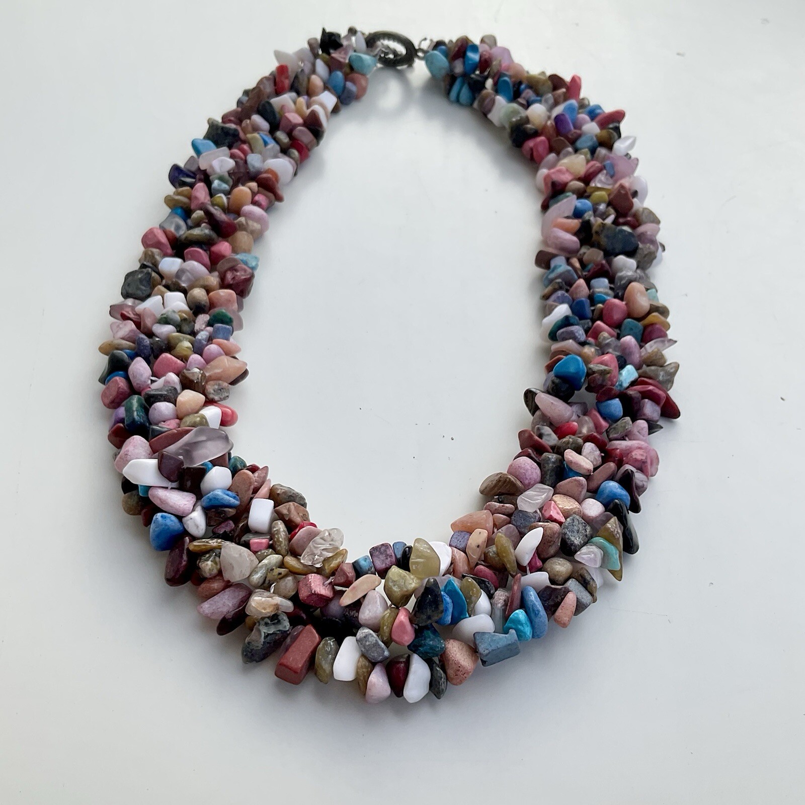 Handcrafted Multicolor Chipped Gemstone Collar Statement Necklace, 17 Inches